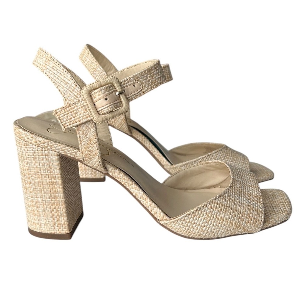 Jessica Simpson Woven Raffia Block Heel Sandals Beige Square Toe Ankle Strap 8.5